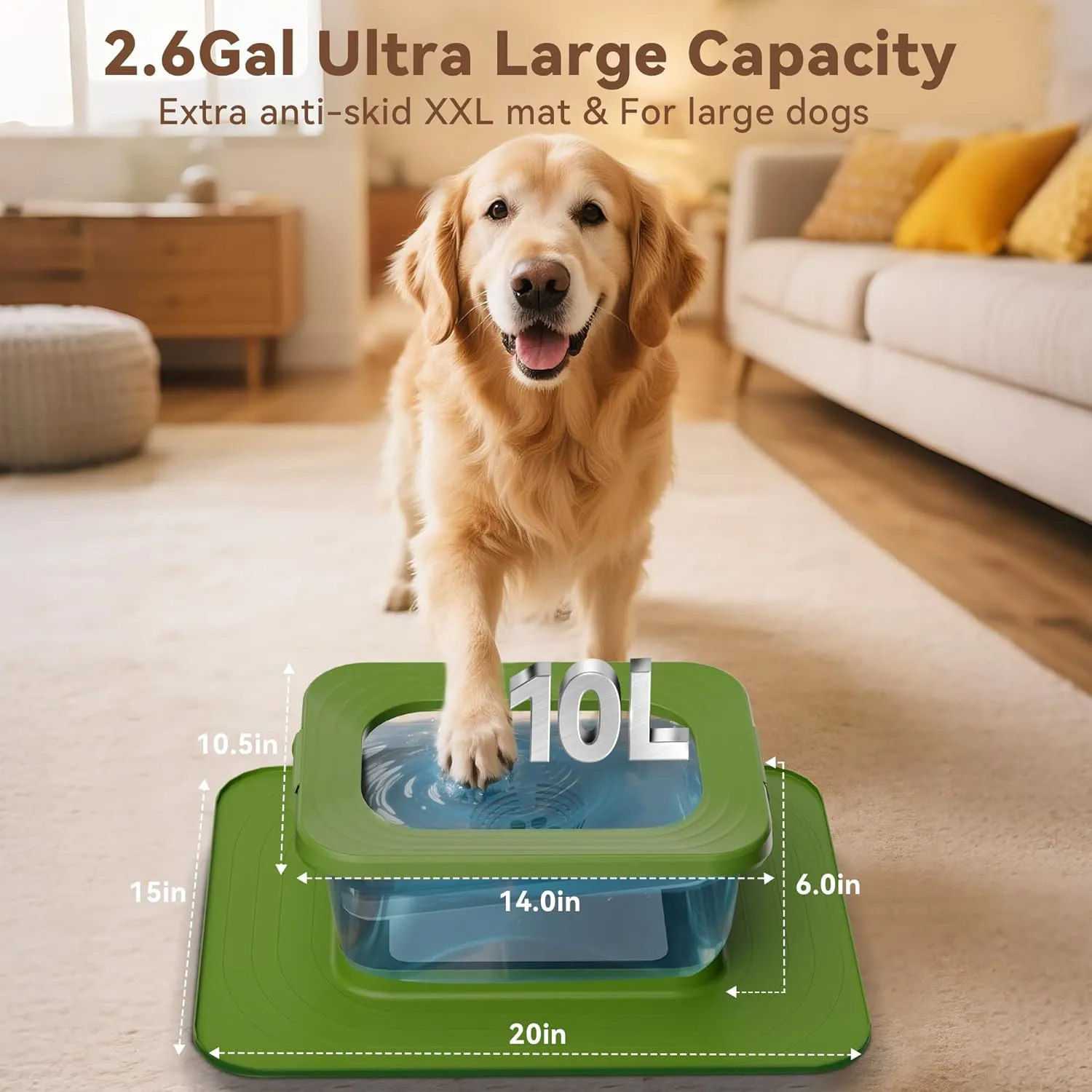 10L No Spill Dog Water Bowl, 2.6 Gal Stainless Steel No Splash Large Dog Water Bowl with Non-Slip Silicone Mat, Spill Proof Slow Drinking Pet Bowls for Messy Drinkers Indoor/Outdoor Use