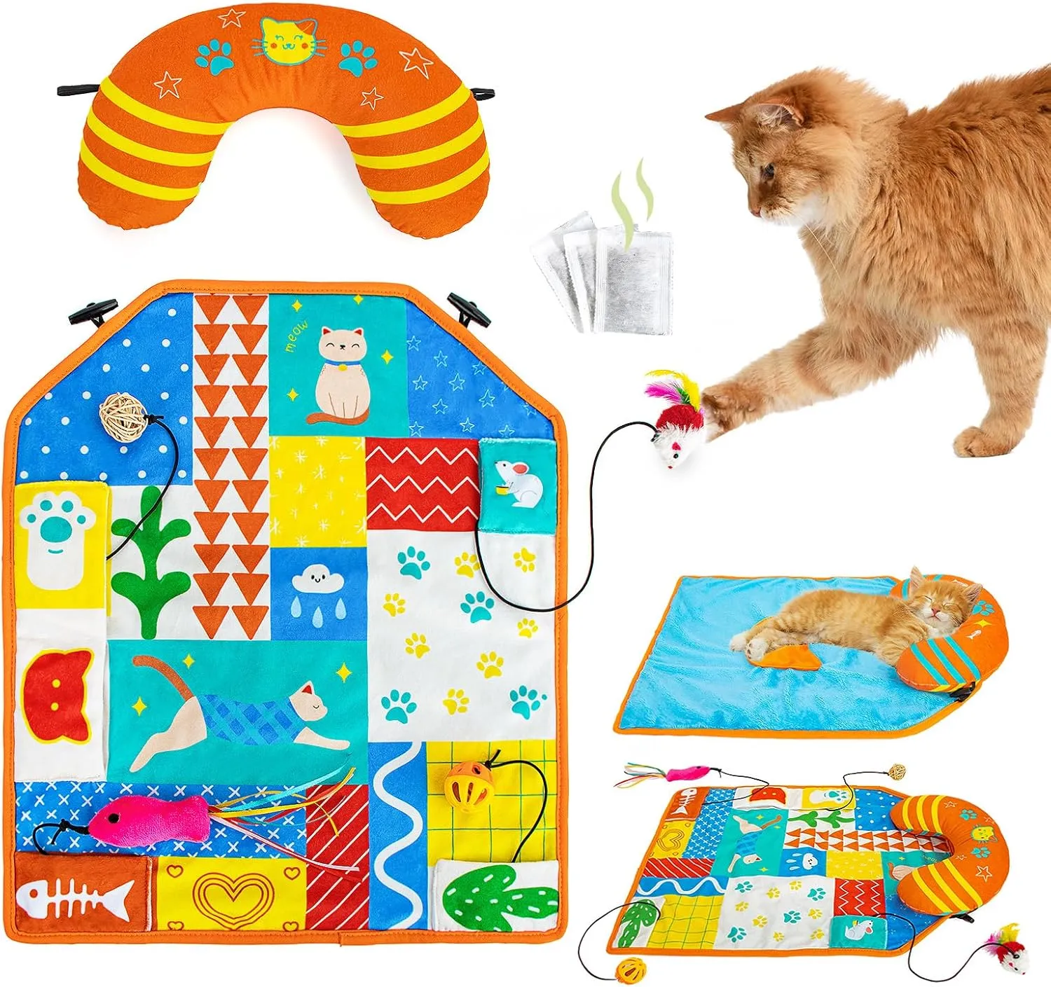 2-in-1 Cat Mat with Cat Pillow for Small to Large Cats, Cute Catnip Toys, Soft Plush Mat for Kitten Sleeping and Playing, Machine Washable Pet Cushion