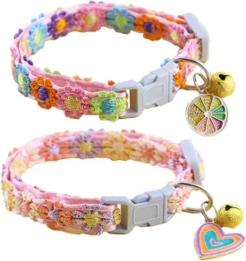 2 Pack Breakaway Cat Collars with Bell Heart Pendant Flowers Cute Kitty Kitten Collars Adjustable Rainbow Orange Collar for Female Girl Cats Male Boy Cats