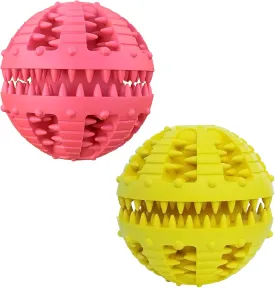 2 Pcs Dog Teeth Ball, Puzzle & Treat Dispensing Dog Toys, Non Toxic Tear Resistant Natural Rubber Toy for Pet Teeth Cleaning/Chewing/Playing/Training (Yellow Red, 2.36in)