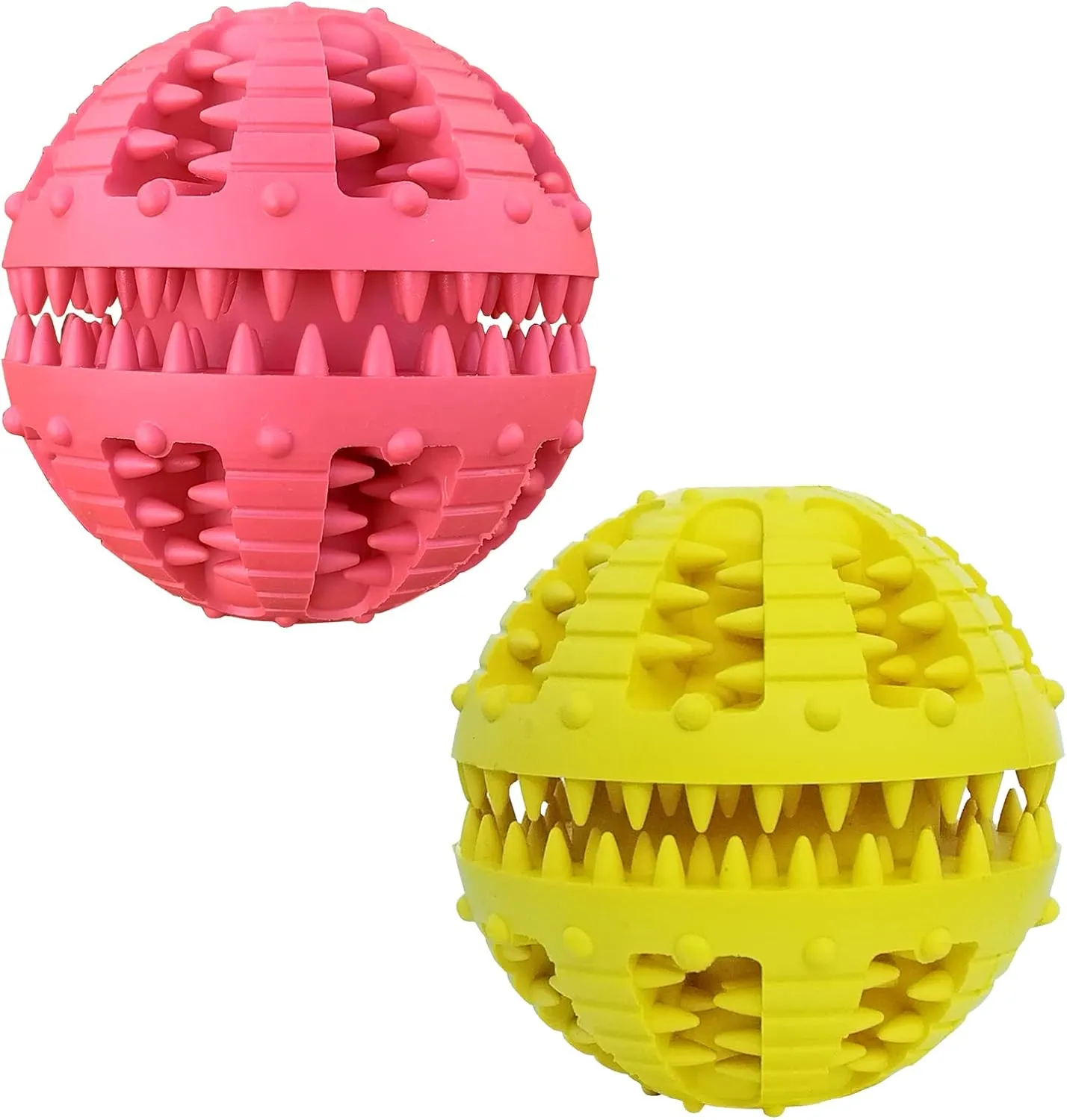 2 Pcs Dog Teeth Ball, Puzzle & Treat Dispensing Dog Toys, Non Toxic Tear Resistant Natural Rubber Toy for Pet Teeth Cleaning/Chewing/Playing/Training (Yellow Red, 2.36in)