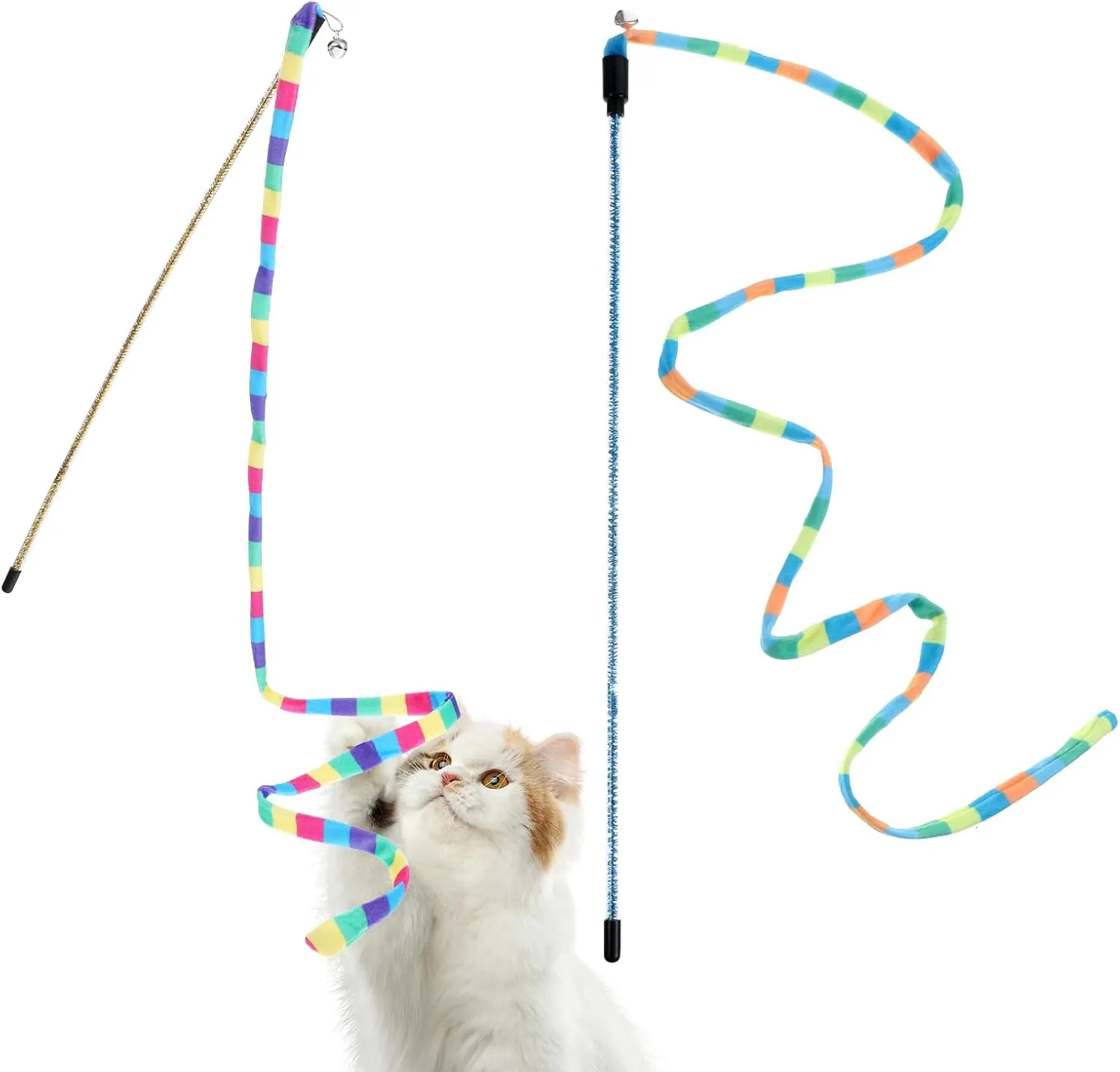 2 Pcs Interactive Cat Rainbow Wand Toys, Cat Teaser Wand and String Toy Colorful Ribbon Strong and Sturdy Pole with Small Bells for Indoor Cats and Kittens to Play Chase Exercise for Fun