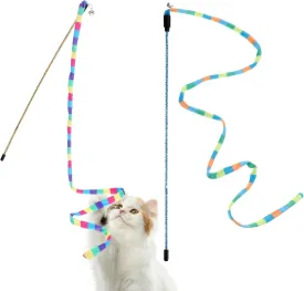 2 Pcs Interactive Cat Rainbow Wand Toys, Cat Teaser Wand and String Toy Colorful Ribbon Strong and Sturdy Pole with Small Bells for Indoor Cats and Kittens to Play Chase Exercise for Fun