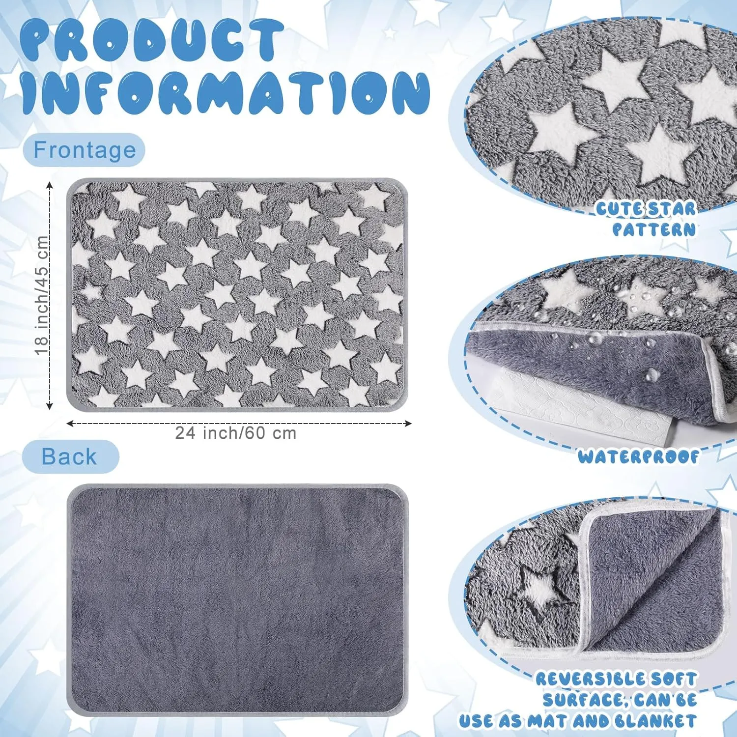 2 Pcs Self Heating Cat Pad Reflects Body Heat Dog Crate Self Warming Pet Pad Gray Nursing Cat Blankets Bed Mat for Newborn Kittens Puppies Eldly Cat Dog Washable(Large Star,24 x 18)