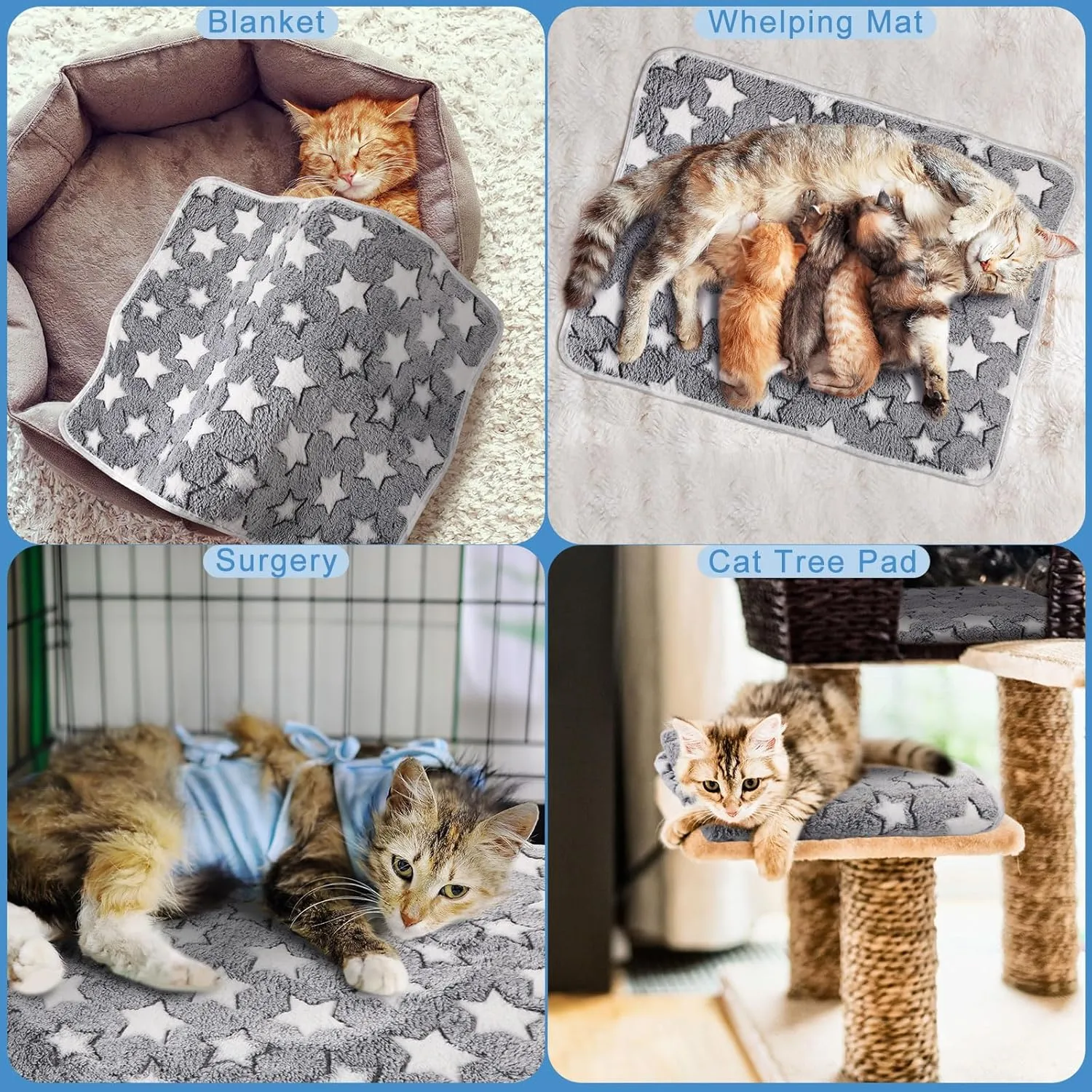 2 Pcs Self Heating Cat Pad Reflects Body Heat Dog Crate Self Warming Pet Pad Gray Nursing Cat Blankets Bed Mat for Newborn Kittens Puppies Eldly Cat Dog Washable(Large Star,24 x 18)