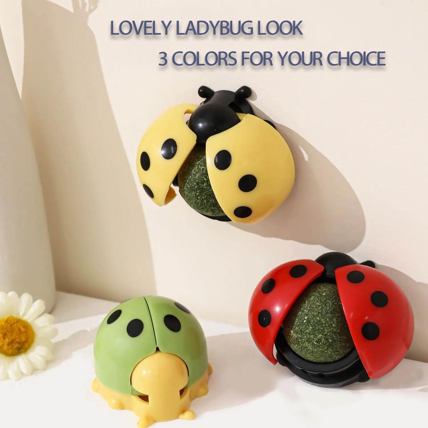 3 Pcs Catnip Toys Balls That Stick on Wall, Toy Ball for Cats Lick, Face Scratchers, Self Groomer for Indoor Cats (3-Color, Ladybug)