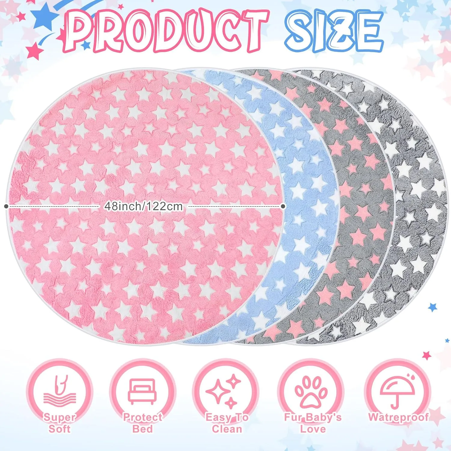 4 Pcs Round Whelping Pee Pads Washable for Dogs Waterproof Pet Training Mats Reusable Puppy Whelping Pads Non Slip Cat Dog Bed Mat for Crate Kennel(Large Star,48 Inches)