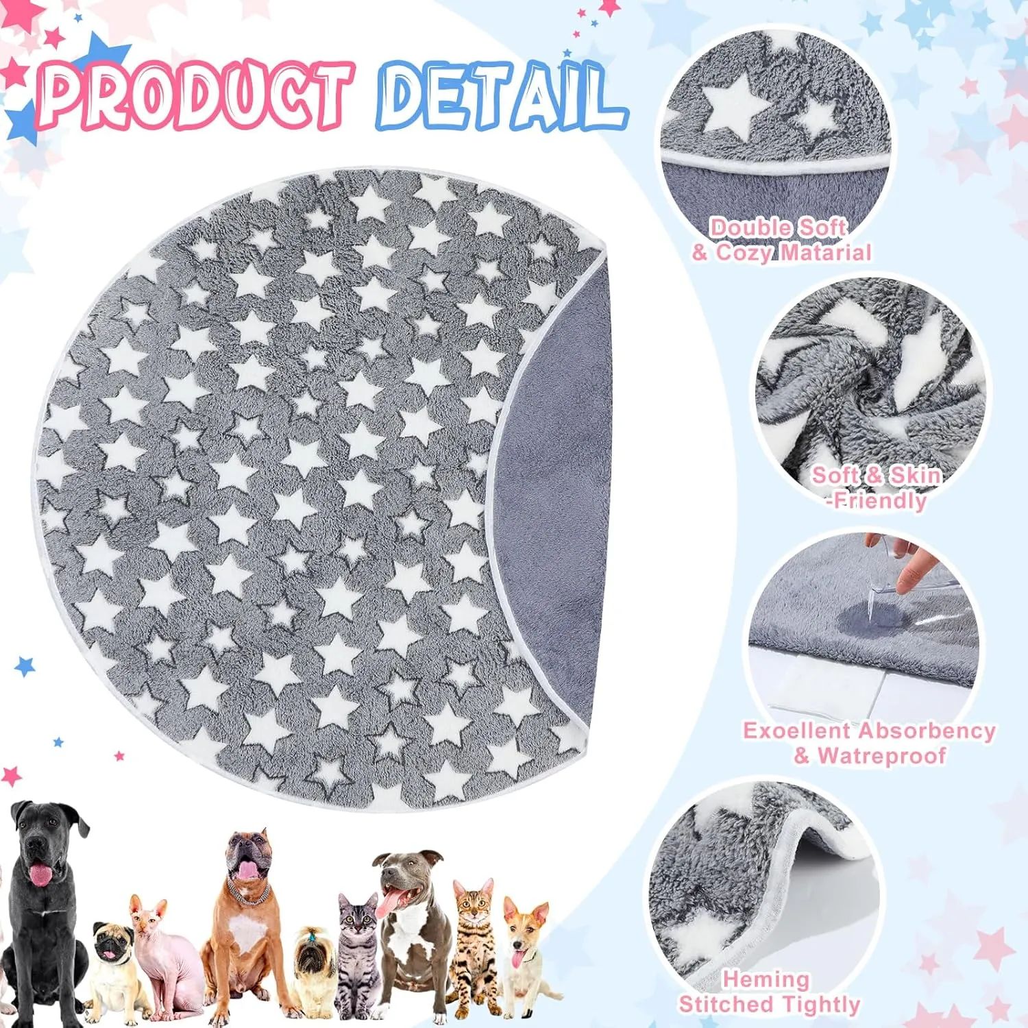 4 Pcs Round Whelping Pee Pads Washable for Dogs Waterproof Pet Training Mats Reusable Puppy Whelping Pads Non Slip Cat Dog Bed Mat for Crate Kennel(Large Star,48 Inches)