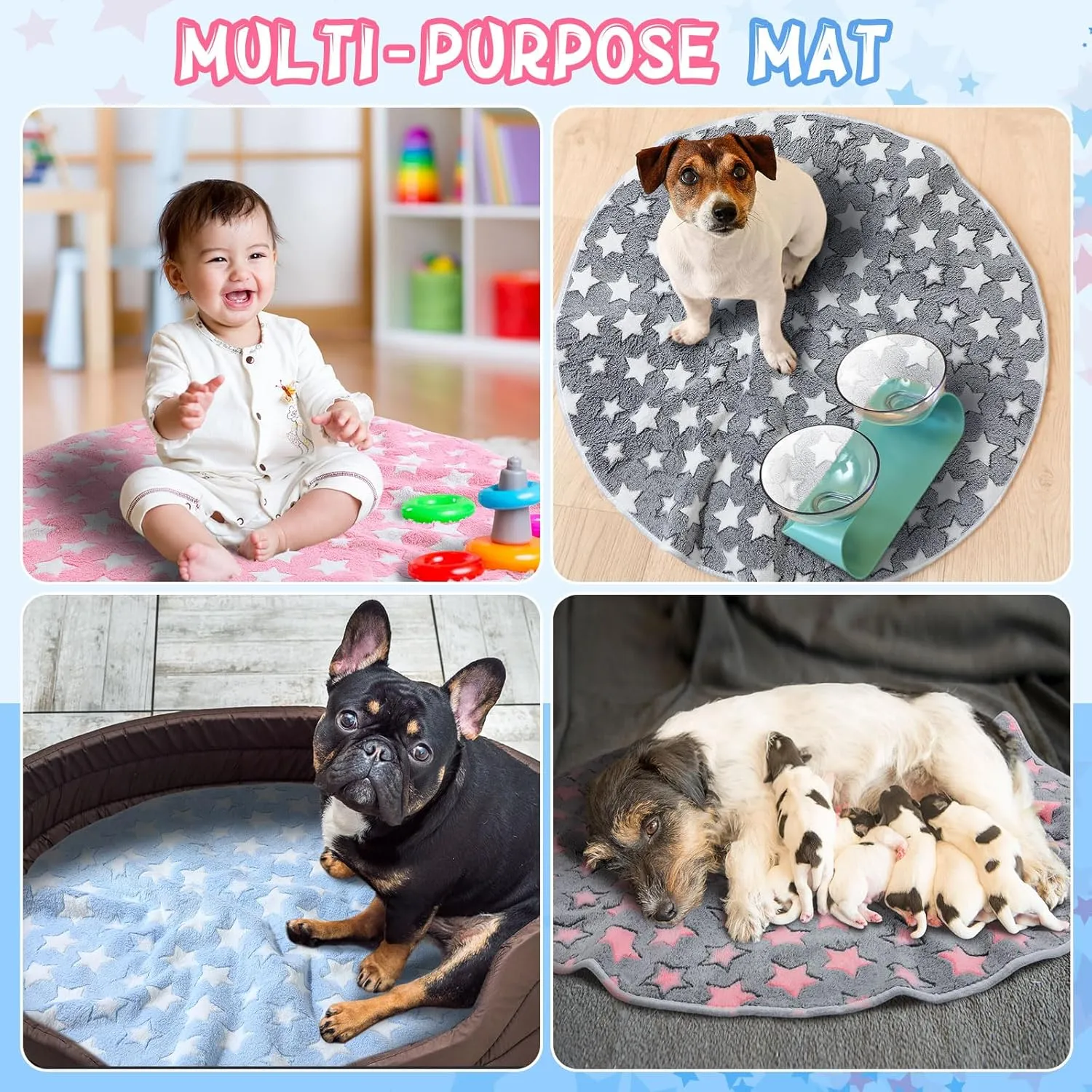 4 Pcs Round Whelping Pee Pads Washable for Dogs Waterproof Pet Training Mats Reusable Puppy Whelping Pads Non Slip Cat Dog Bed Mat for Crate Kennel(Large Star,48 Inches)