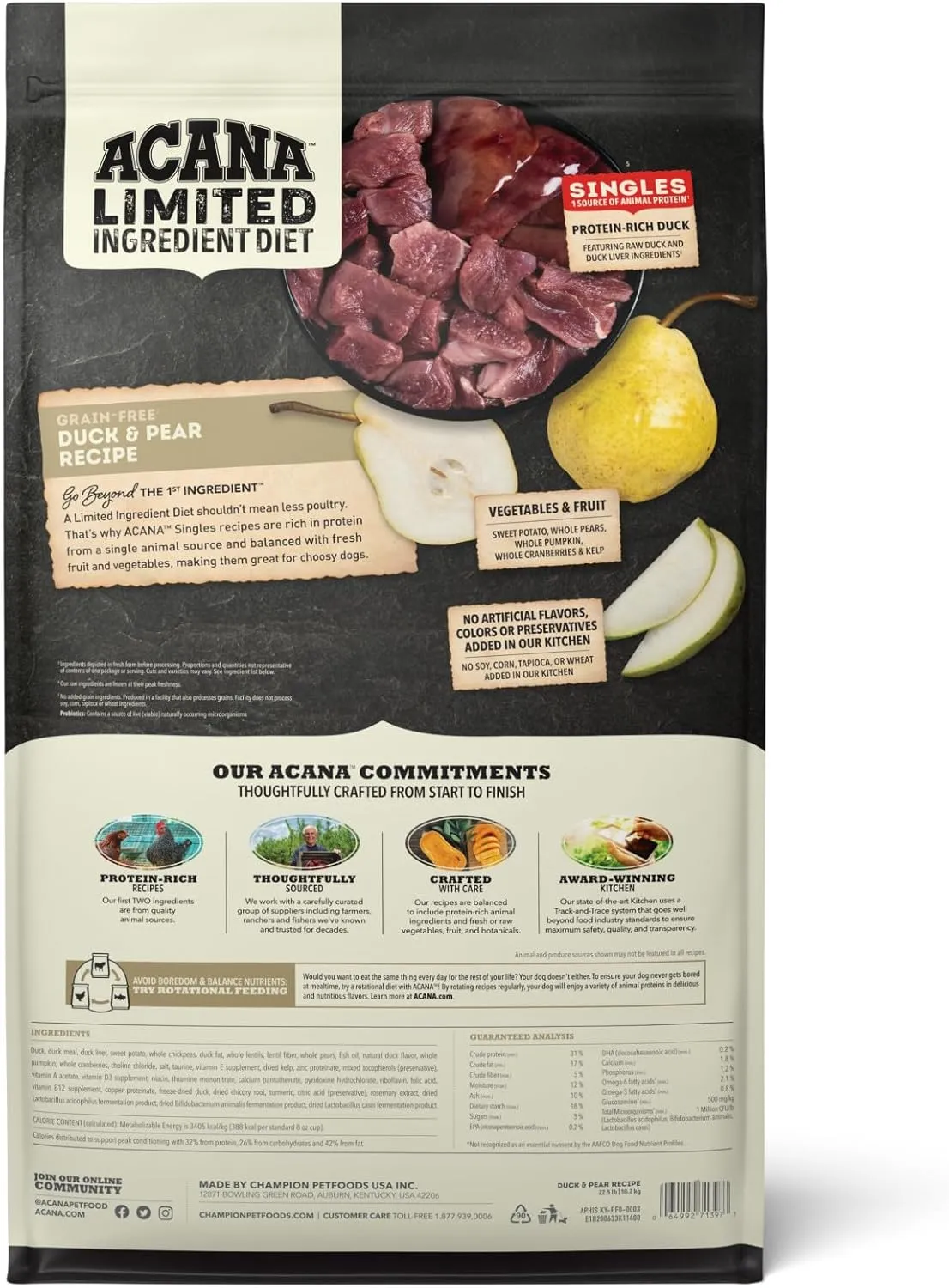 ACANA Singles Limited Ingredient Dry Dog Food, Duck & Pear Recipe, Single Protein Source Dog Food Kibble, 22.5lb