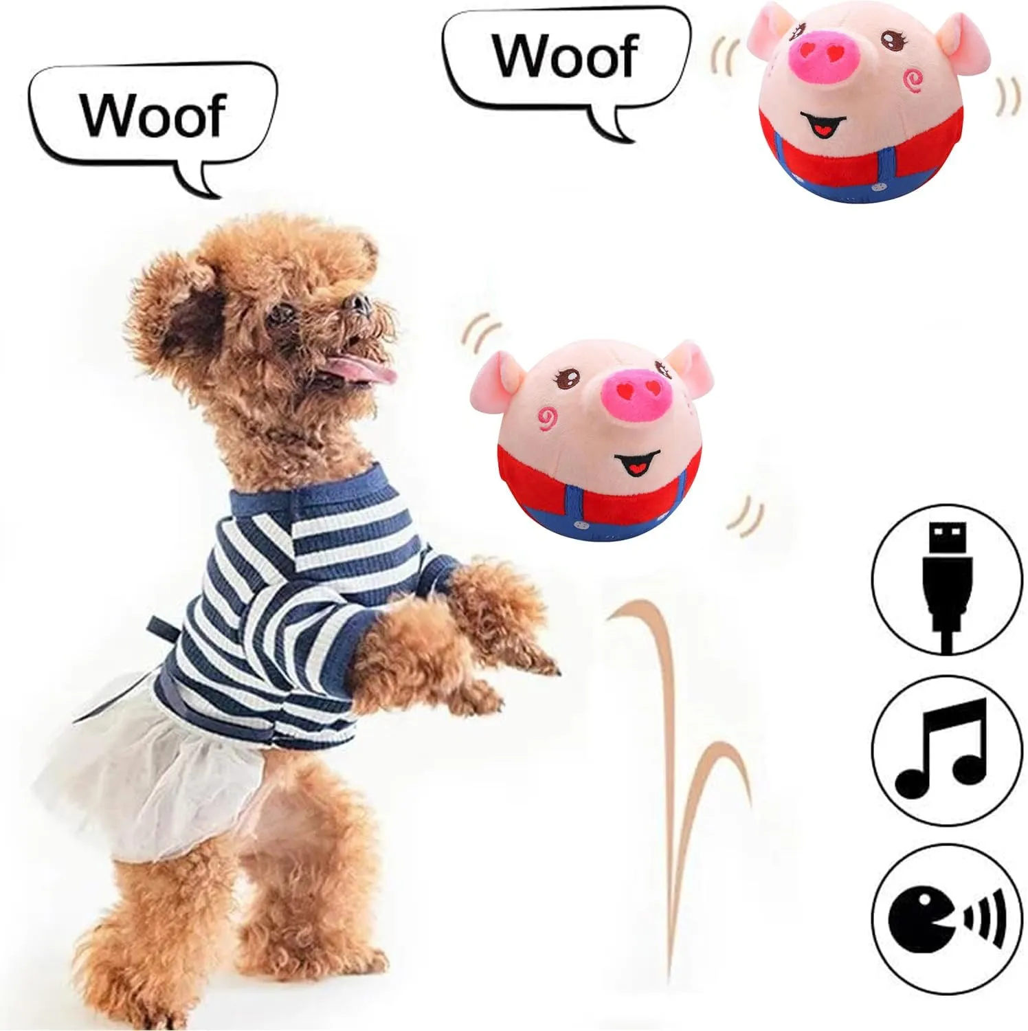 Active Moving Pet Plush Toy, Interactive Dog Toy Pet Bouncing Balls, USB Rechargeable Interactive Washable Cartoon Pig Plush Sound Electronic Dog Toy, Small Plush Sound Toys for Dogs (E)