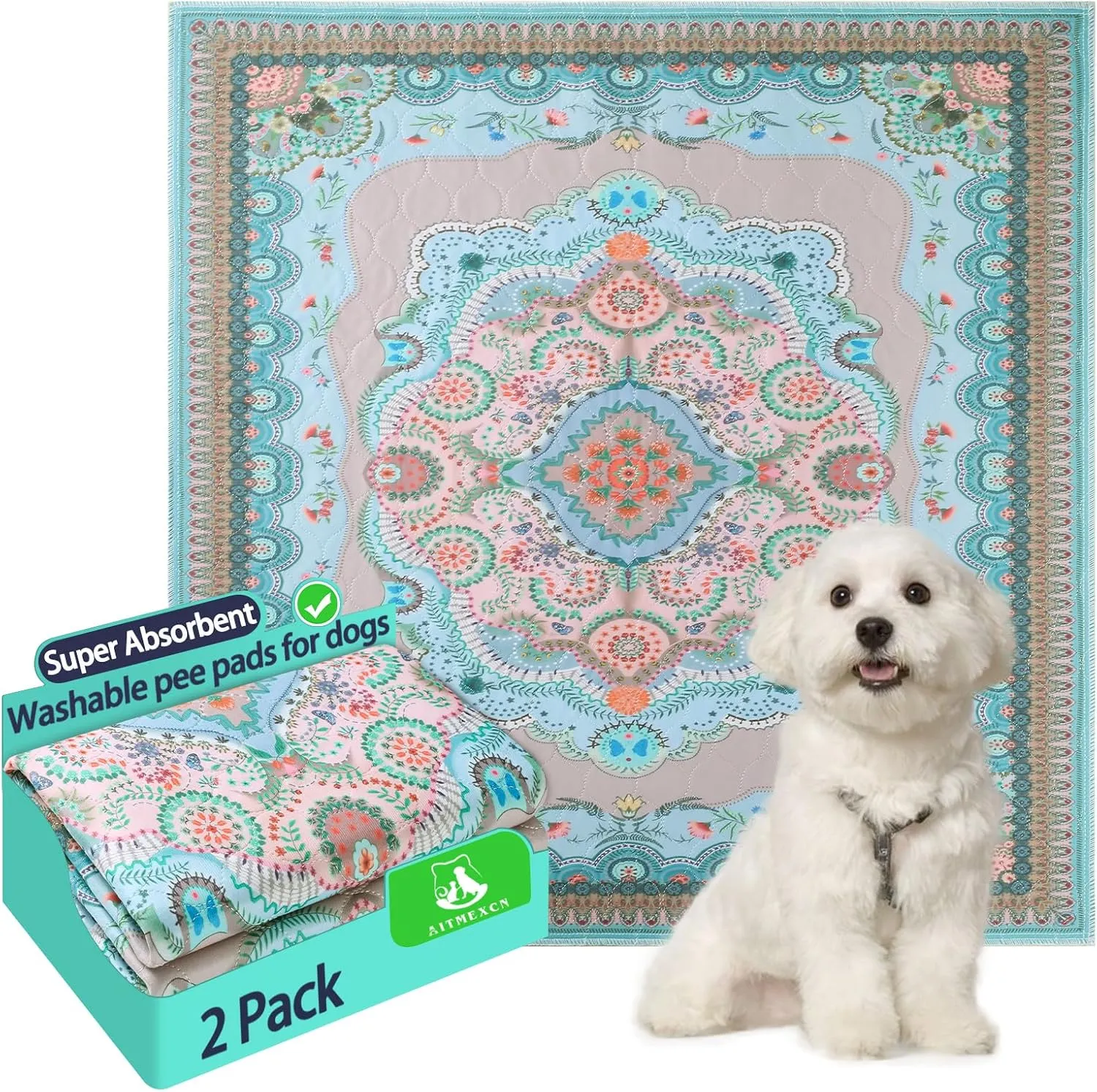 Aitmexcn Washable Pee Pads for Dogs, Reusable 24x 48 Waterproof Boho Mats for Puppy, Guinea Pig, Rabbit,Highly Absorbent,Ultra Soft, Non-Slip,Machine Washable,Stylish Design,2 Pack
