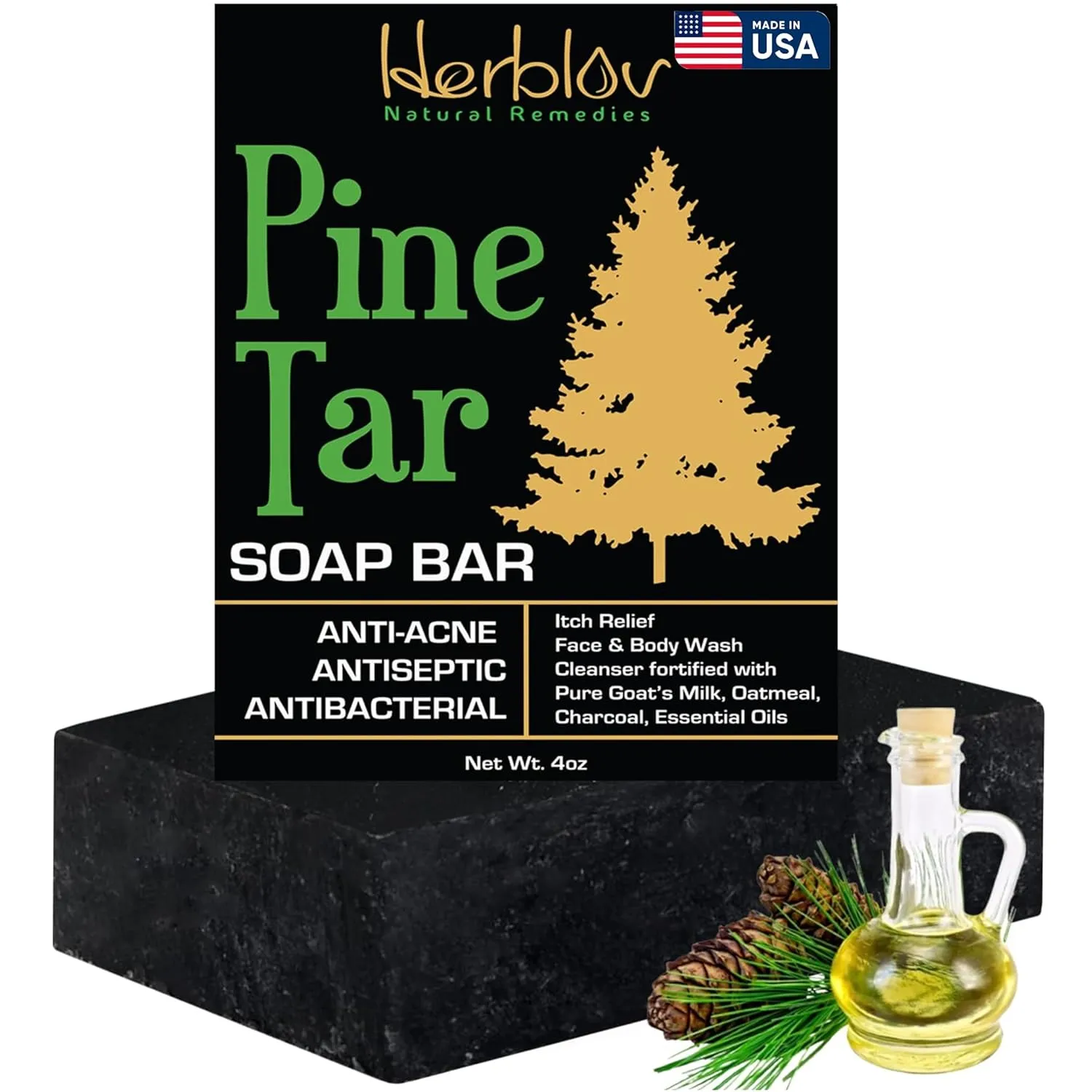 All Natural Pine Tar Soap Bar 4oz Cleansing Anti Acne Eczema Psoriasis Itch Relief Pine Tar Face & Body Wash Cleanser  Pure Goats Milk Soap with Oatmeal, Charcoal, Essential Oils Made in USA