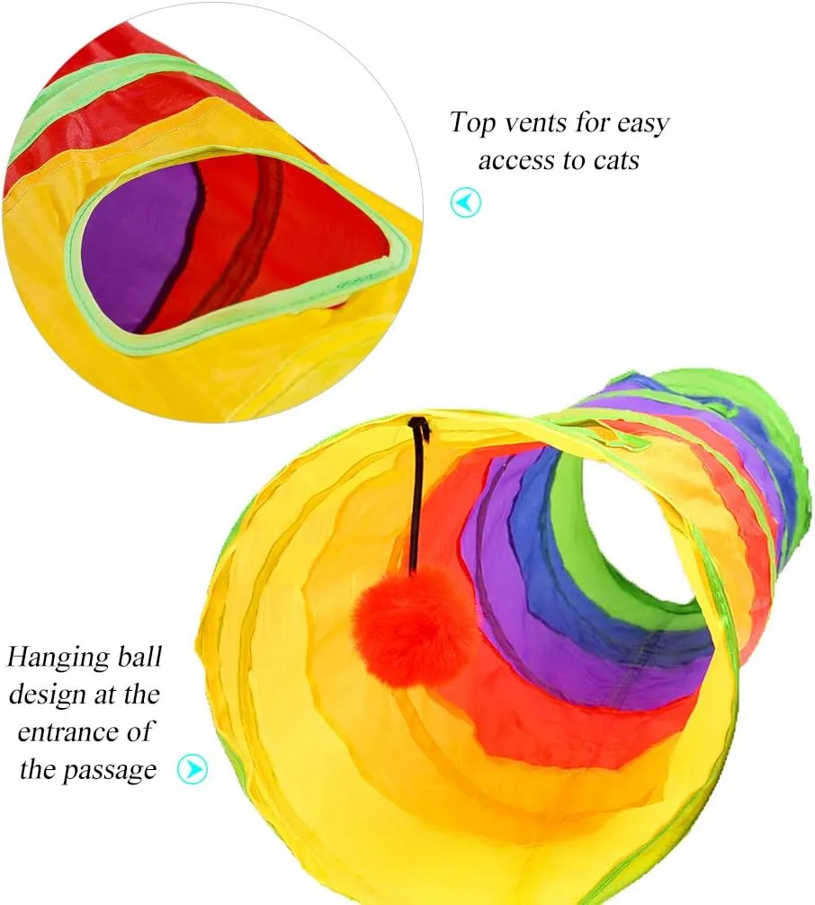 Andiker Cat Tunnel for Indoor Cats, 45" Long Rainbow Collapsible Kitten Tube with a Fun Ball and 2 Holes Cat Play Tunnel, Rabbit Tunnel for Kittens Exercising Hiding Training and Running(Colorful)