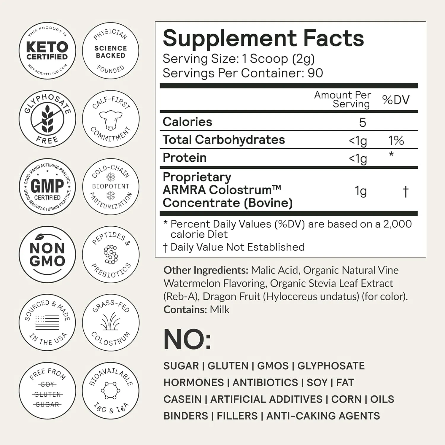ARMRA Colostrum Premium Powder, Grass Fed, Gut Health Bloating Immunity Skin & Hair, Contains 400  Bioactive Nutrients, Potent Bioavailable, Keto, Gluten & Fat Free (Vine Watermelon | 90 Servings)