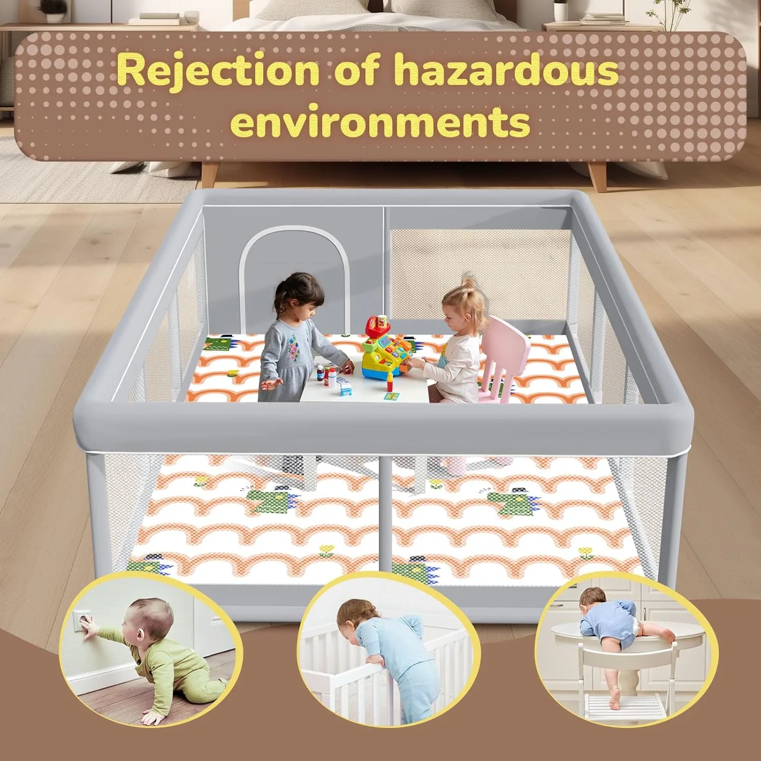 Baby Playpen 74"x50" with Mat Play Pens for Babies and Toddlers, Large Play Yards for Indoor & Outdoor with Zipper Gates