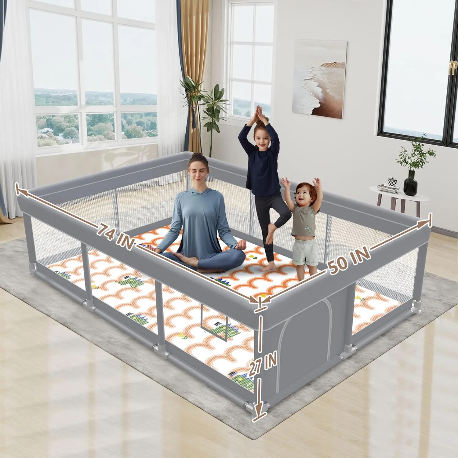 Baby Playpen 74"x50" with Mat Play Pens for Babies and Toddlers, Large Play Yards for Indoor & Outdoor with Zipper Gates
