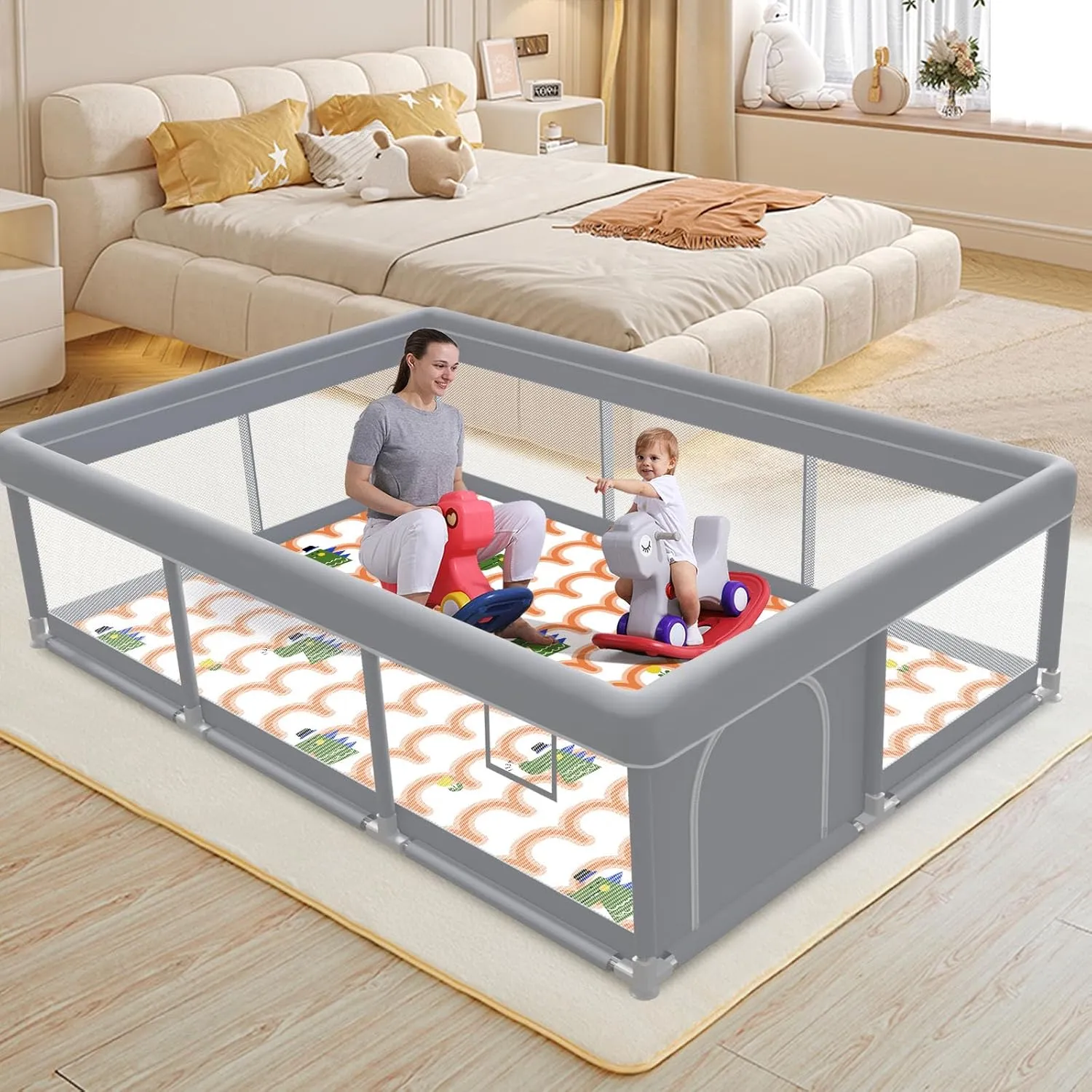 Baby Playpen 74"x50" with Mat Play Pens for Babies and Toddlers, Large Play Yards for Indoor & Outdoor with Zipper Gates