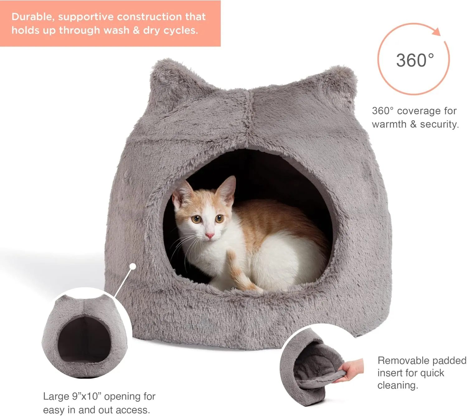 Best Friends by Sheri Meow Hut in Fur Cover Dome Cat and Dog Bed, Gray, Small