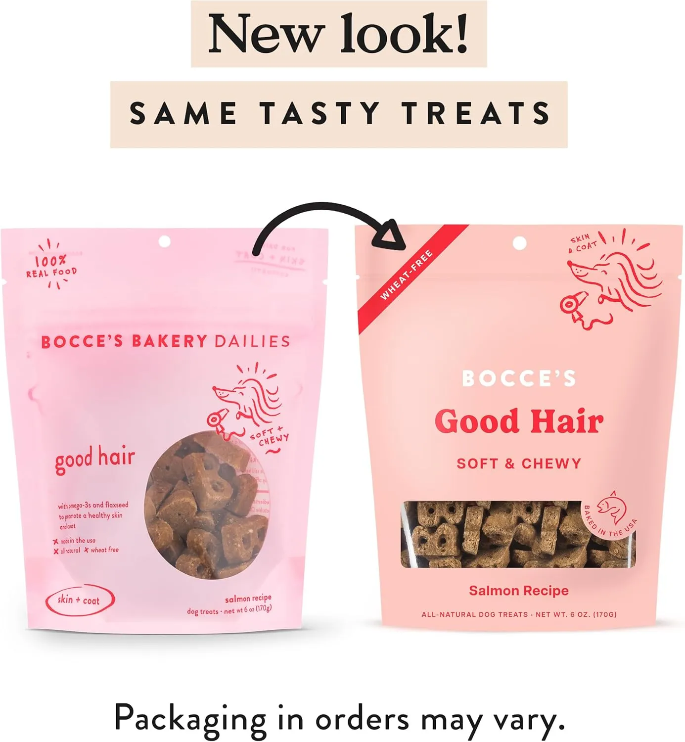 Bocce's Bakery Dailies Good Hair Dog Treats for Skin & Coat Support, Wheat-Free Dog Treats, Made with Real Ingredients, Baked in The USA, All-Natural Soft & Chewy, Salmon Recipe, 6 oz