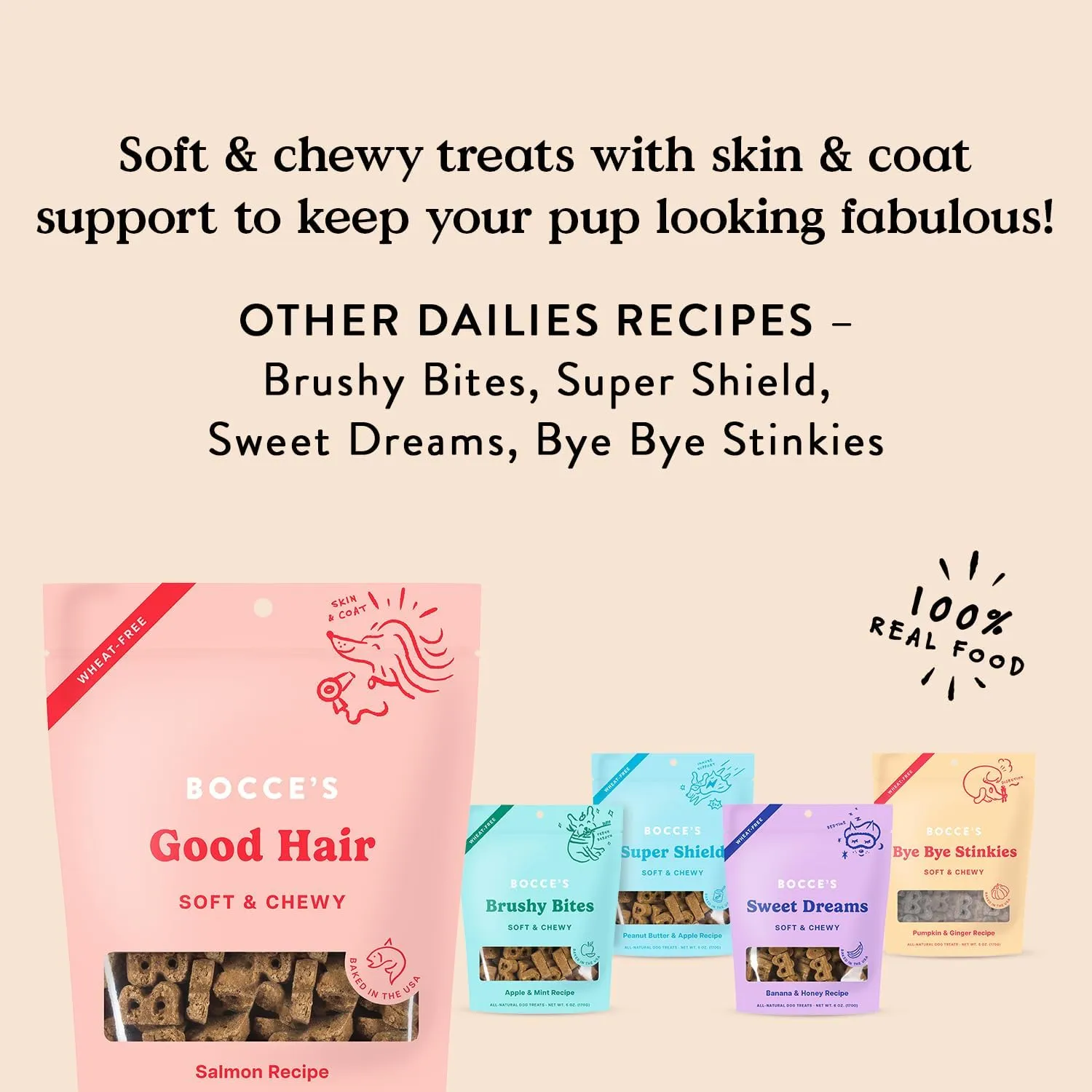 Bocce's Bakery Dailies Good Hair Dog Treats for Skin & Coat Support, Wheat-Free Dog Treats, Made with Real Ingredients, Baked in The USA, All-Natural Soft & Chewy, Salmon Recipe, 6 oz