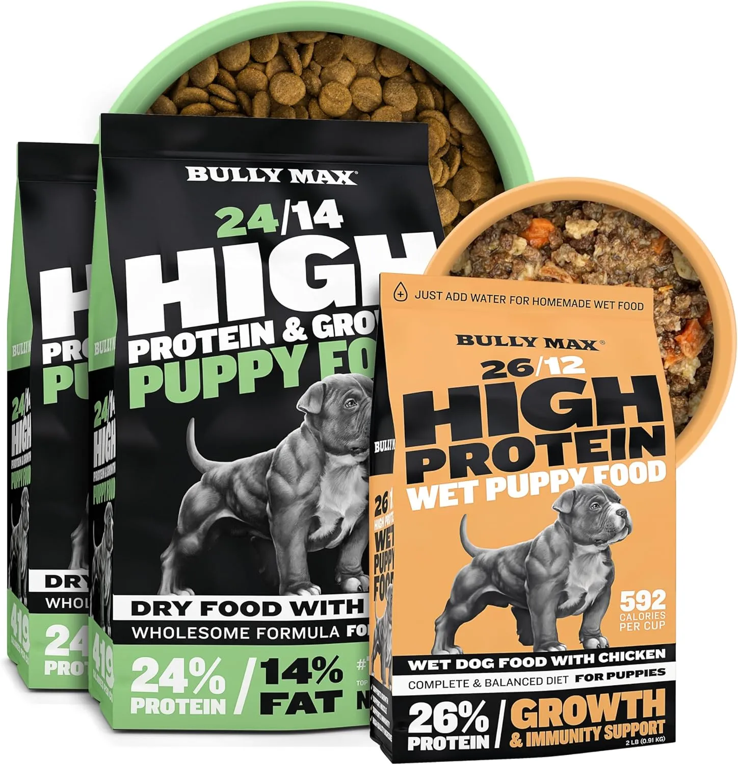Bully Max Complete Puppy Growth Bundle - High Protein Dry Dog Food with Lamb, 10 lb. (2 x 5 lb. Bags) & Dehydrated Puppy Wet Food (2 lb. Dry, Makes 5.5 lb. of Wet Food) for Small & Large Breed Puppies