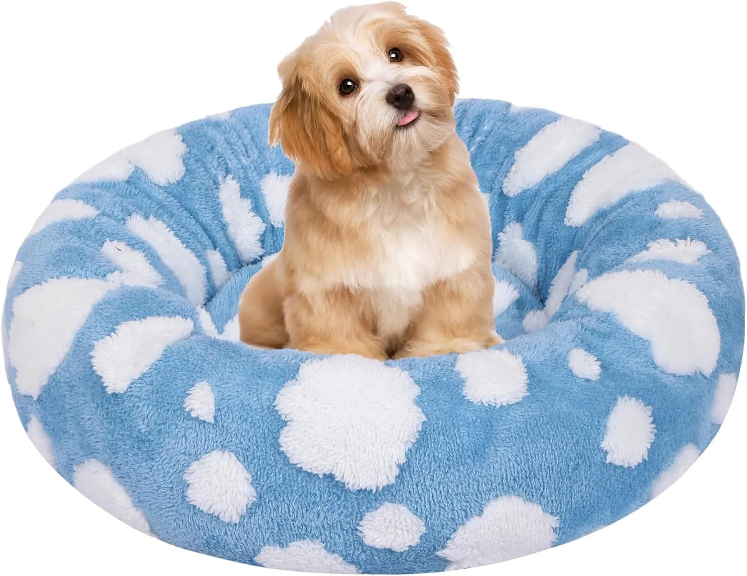Calming Dog Bed, Fluffy Donut Dog & Cat Bed Washable, Round Anti Anxiety Small Dog Bed with Non-Slip Bottom (Fits up to 15 lbs Pets)