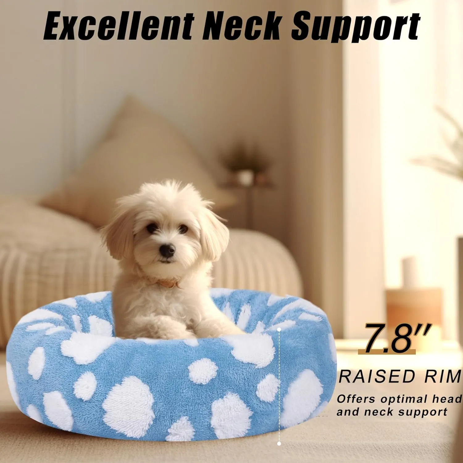 Calming Dog Bed, Fluffy Donut Dog & Cat Bed Washable, Round Anti Anxiety Small Dog Bed with Non-Slip Bottom (Fits up to 15 lbs Pets)