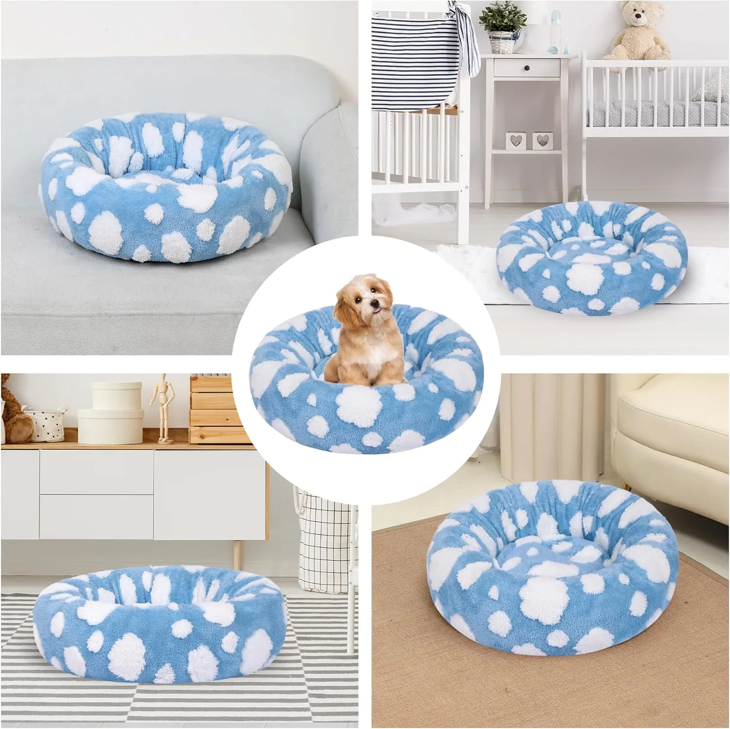 Calming Dog Bed, Fluffy Donut Dog & Cat Bed Washable, Round Anti Anxiety Small Dog Bed with Non-Slip Bottom (Fits up to 15 lbs Pets)