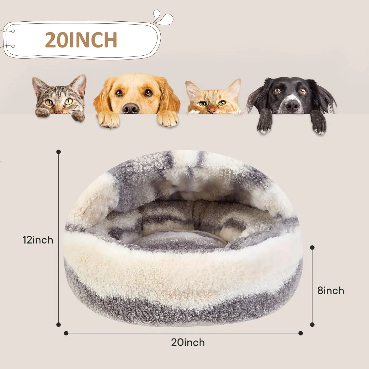 Calming Dog Beds & Cat Cave Bed with Hooded Cover, Dog Beds for Small Dogs, Faux Fur Cuddler Round Comfortable Self Warming Pet Bed, Non-Slip Washable Round Donut Cat Bed (Dark Gray, 20 inches)