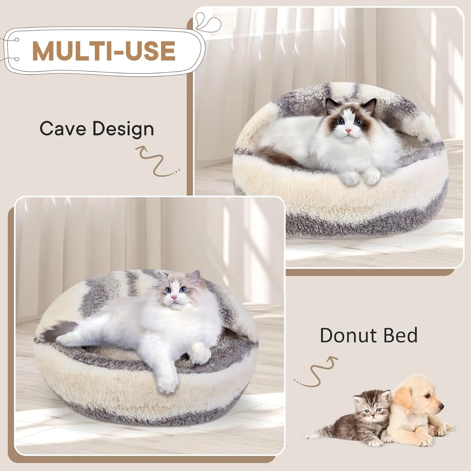 Calming Dog Beds & Cat Cave Bed with Hooded Cover, Dog Beds for Small Dogs, Faux Fur Cuddler Round Comfortable Self Warming Pet Bed, Non-Slip Washable Round Donut Cat Bed (Dark Gray, 24 inches)