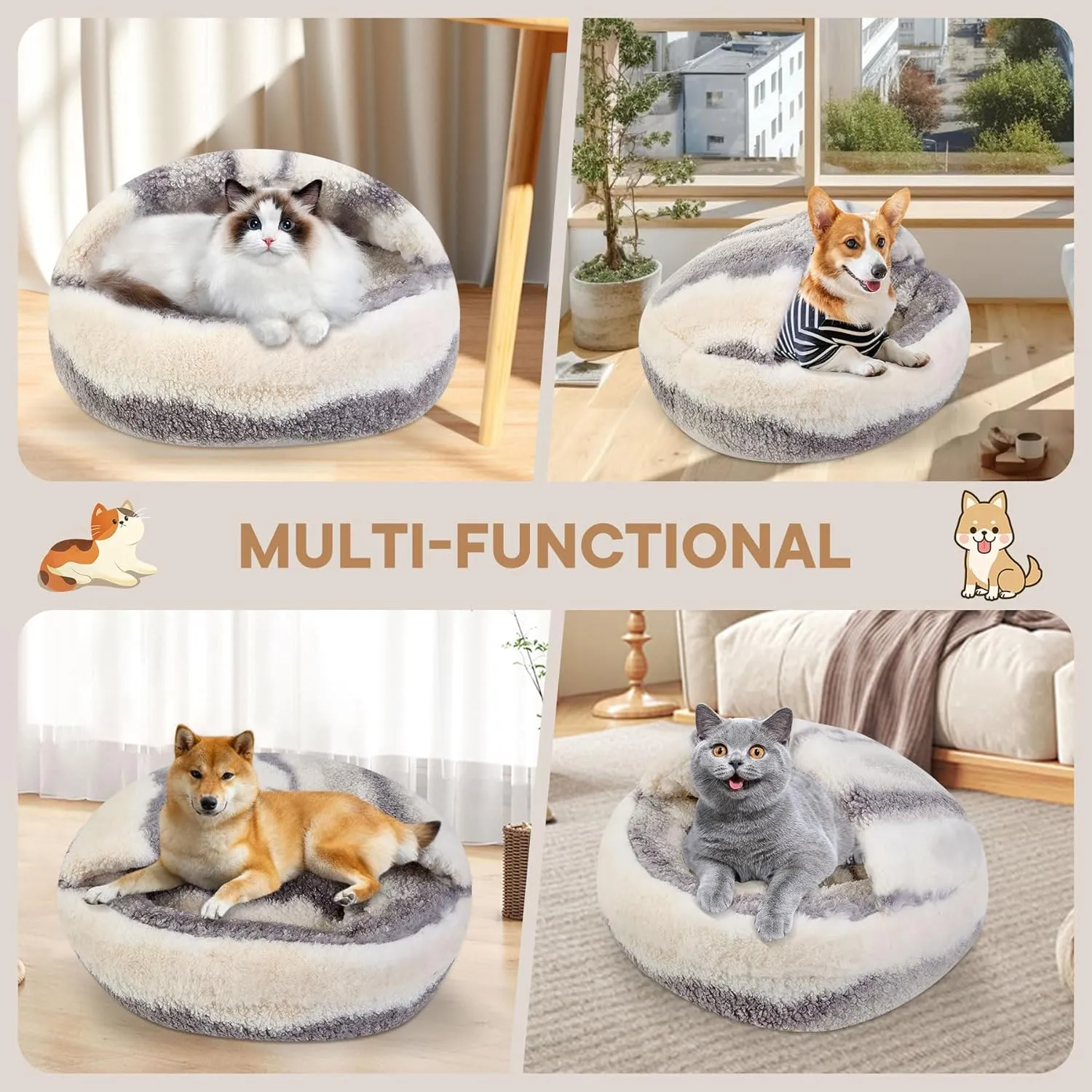 Calming Dog Beds & Cat Cave Bed with Hooded Cover, Dog Beds for Small Dogs, Faux Fur Cuddler Round Comfortable Self Warming Pet Bed, Non-Slip Washable Round Donut Cat Bed (Dark Gray, 24 inches)