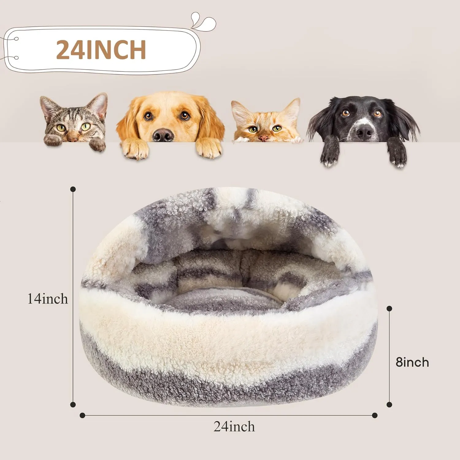 Calming Dog Beds & Cat Cave Bed with Hooded Cover, Dog Beds for Small Dogs, Faux Fur Cuddler Round Comfortable Self Warming Pet Bed, Non-Slip Washable Round Donut Cat Bed (Dark Gray, 24 inches)