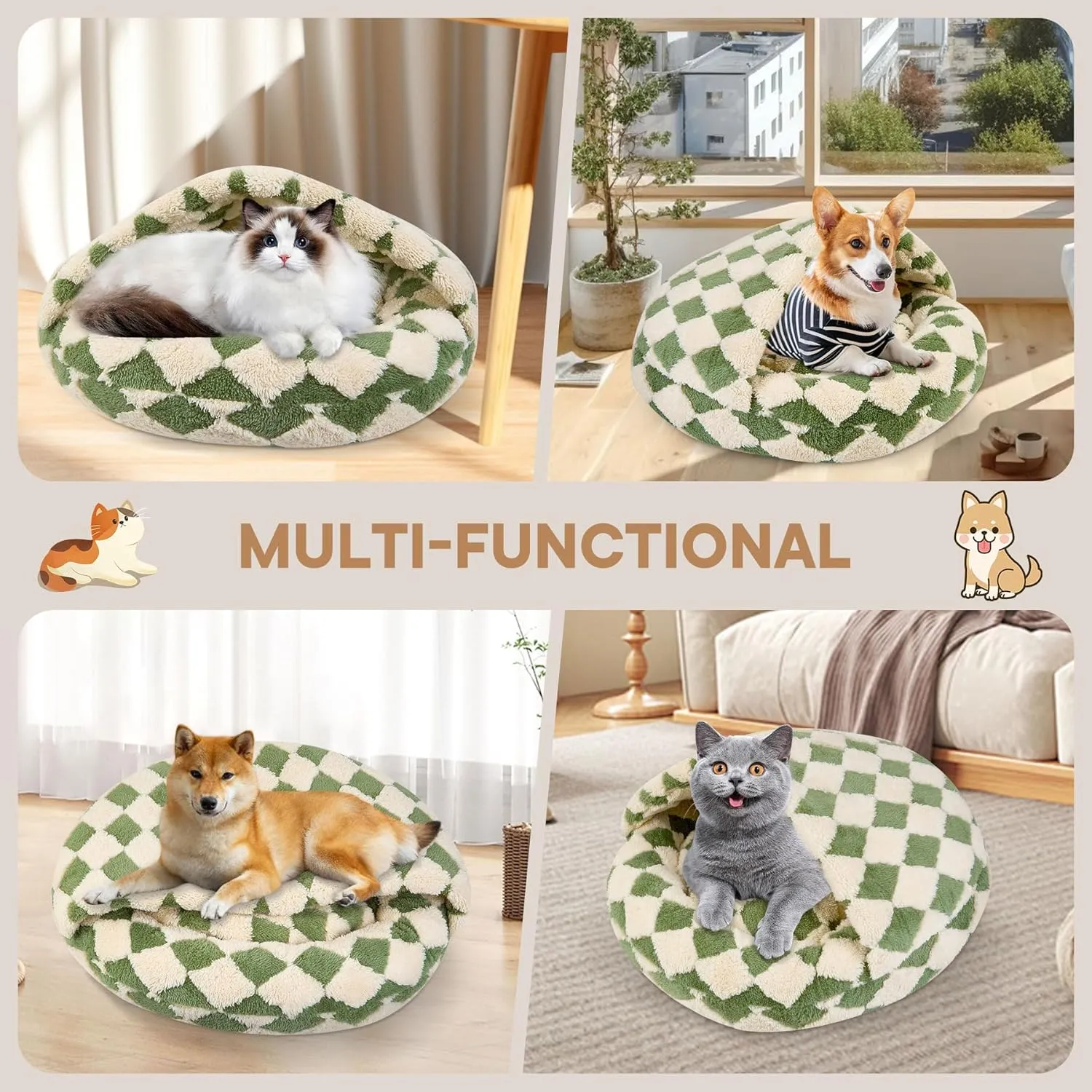 Calming Dog Beds & Cat Cave Bed with Hooded Cover, Dog Beds for Small Dogs, Faux Fur Cuddler Round Comfortable Self Warming Pet Bed, Non-Slip Washable Round Donut Cat Bed(Green, 20" x 20")
