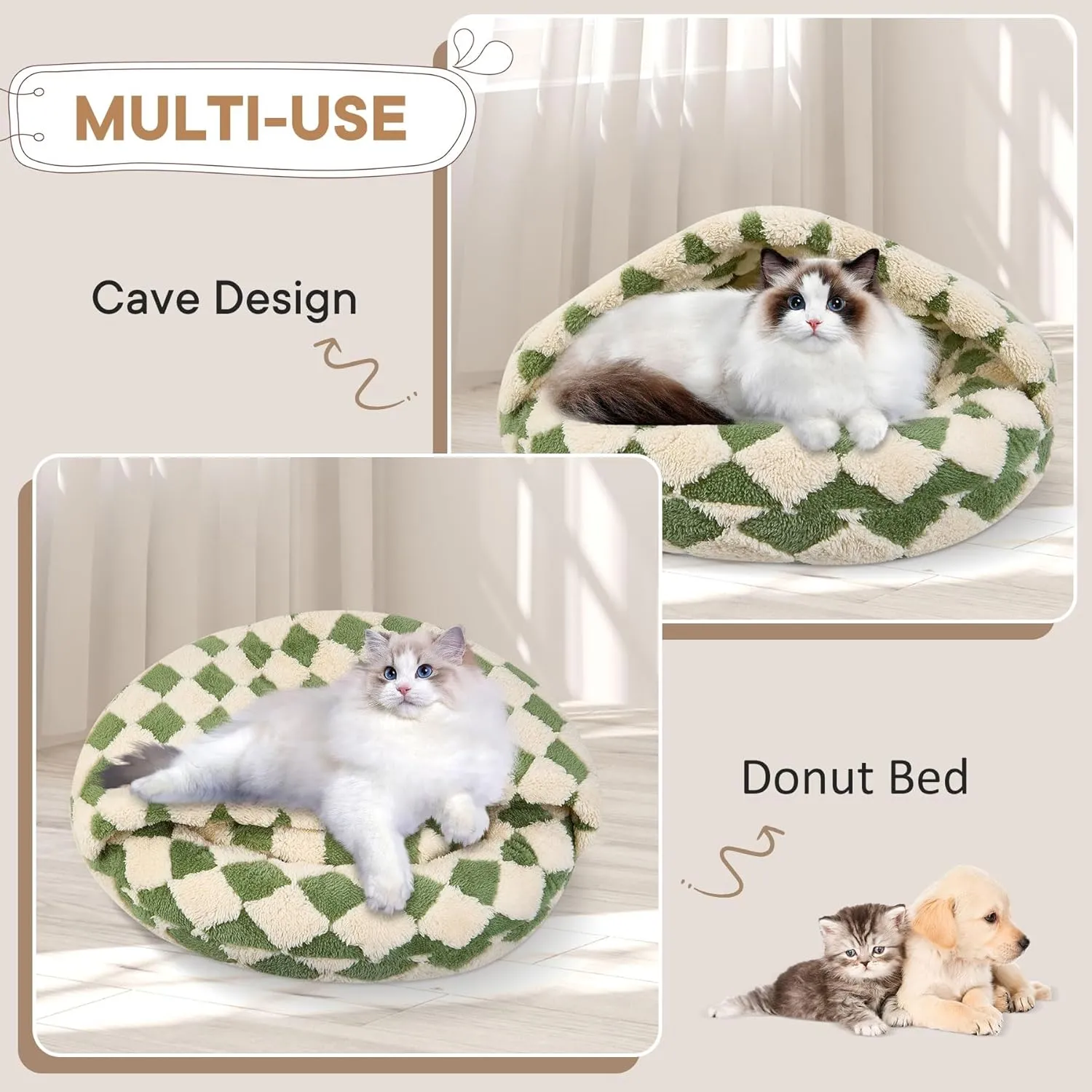 Calming Dog Beds & Cat Cave Bed with Hooded Cover, Dog Beds for Small Dogs, Faux Fur Cuddler Round Comfortable Self Warming Pet Bed, Non-Slip Washable Round Donut Cat Bed(Green, 20" x 20")