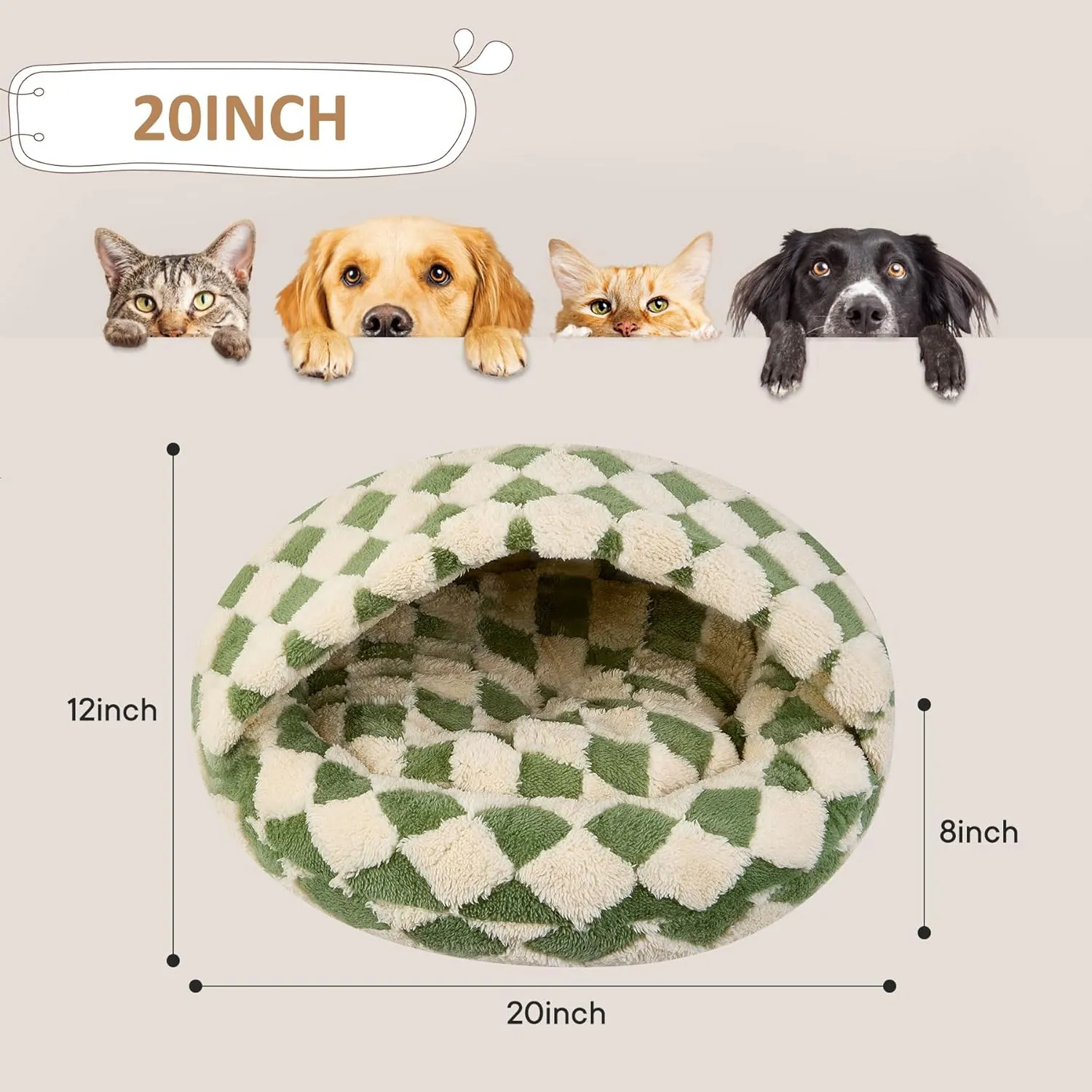 Calming Dog Beds & Cat Cave Bed with Hooded Cover, Dog Beds for Small Dogs, Faux Fur Cuddler Round Comfortable Self Warming Pet Bed, Non-Slip Washable Round Donut Cat Bed(Green, 20" x 20")
