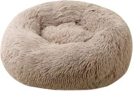 Calming Faux Fur Dog Beds Calming Donut Cuddler Dog Bed Washable Round Cat Bed Pillow Cuddler Fluffy Indoor Dog Calming Beds with Anti Slip Bottom Gradient Color Khaki 20 Inch