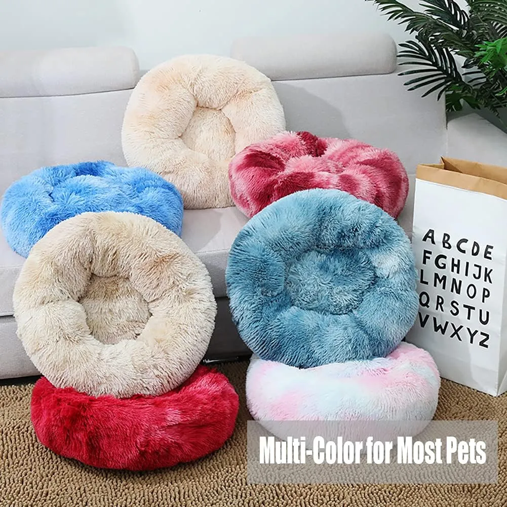 Calming Faux Fur Dog Beds Calming Donut Cuddler Dog Bed Washable Round Cat Bed Pillow Cuddler Fluffy Indoor Dog Calming Beds with Anti Slip Bottom Solid Color Hot Pink 16 Inch