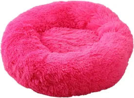 Calming Faux Fur Dog Beds Calming Donut Cuddler Dog Bed Washable Round Cat Bed Pillow Cuddler Fluffy Indoor Dog Calming Beds with Anti Slip Bottom Solid Color Hot Pink 16 Inch