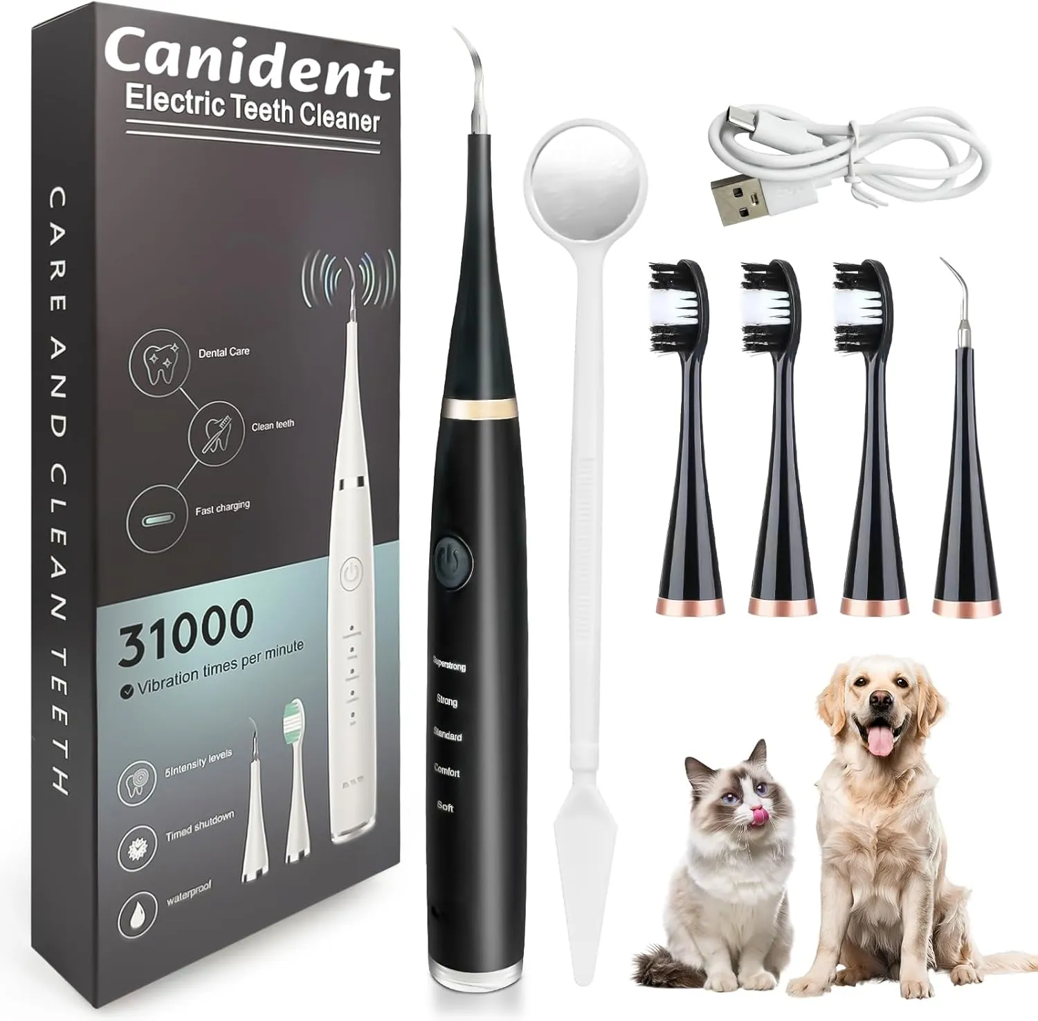 Canident - Sonic Tooth Cleaner for Dogs Dog tTeeth Cleaning Kit, Electric Sonic Tooth Cleaner for Dogs, Pet Tartar Plaque Remover, Professional Dog Teeth Cleaning Tools(Black, Standard Size)