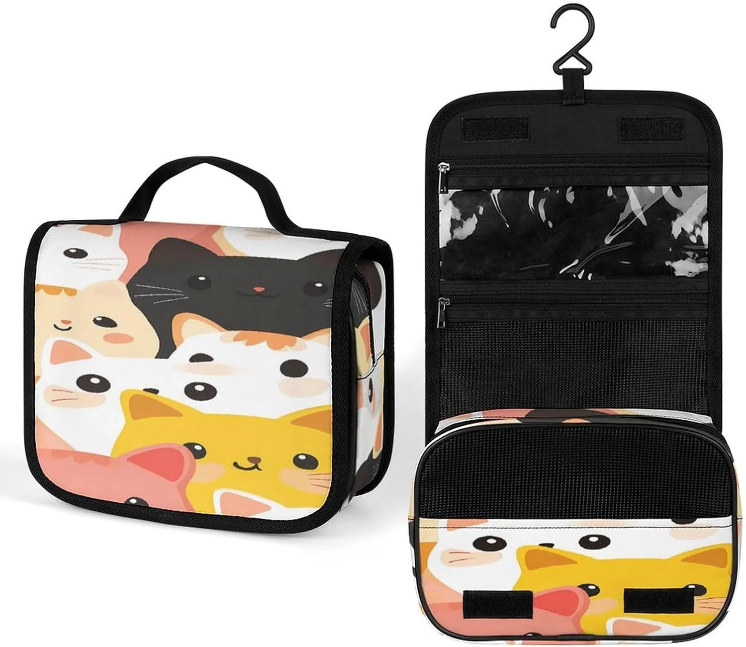 Cartoon Kitten Cats Makeup Bag Portable Hanging Organizer for Travel Wash Bags With Handle And Divider