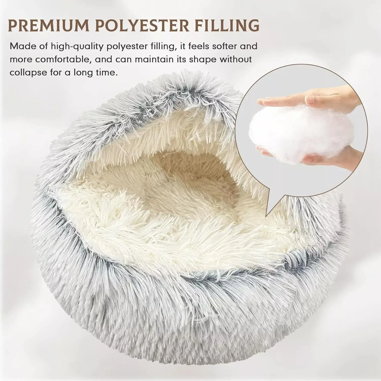 Cat Bed Round Fluffy Hooded Cat Bed Cave, Anti-Anxiety Cave Bed with Hooded Blanket, Cozy Cuddler Luxury Puppy Pet Bed, Anti-Slip Bottom and Machine Washable (Grey, Medium)