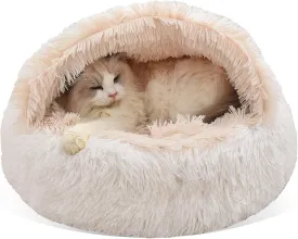 Cat Bed Round Fluffy Hooded Cave with Non-collapsed Plush Cover,Donut for Indoor Cats,Calming Dog Beds&Cat,Anti-Slip&Waterproof Bottom,Washable Bed,20inch,White