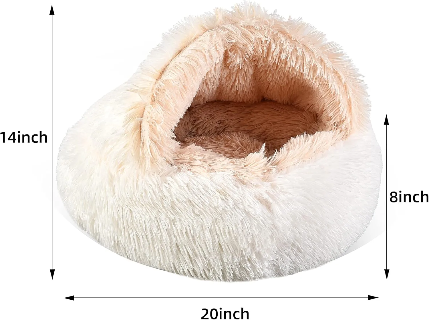 Cat Bed Round Fluffy Hooded Cave with Non-collapsed Plush Cover,Donut for Indoor Cats,Calming Dog Beds&Cat,Anti-Slip&Waterproof Bottom,Washable Bed,20inch,White