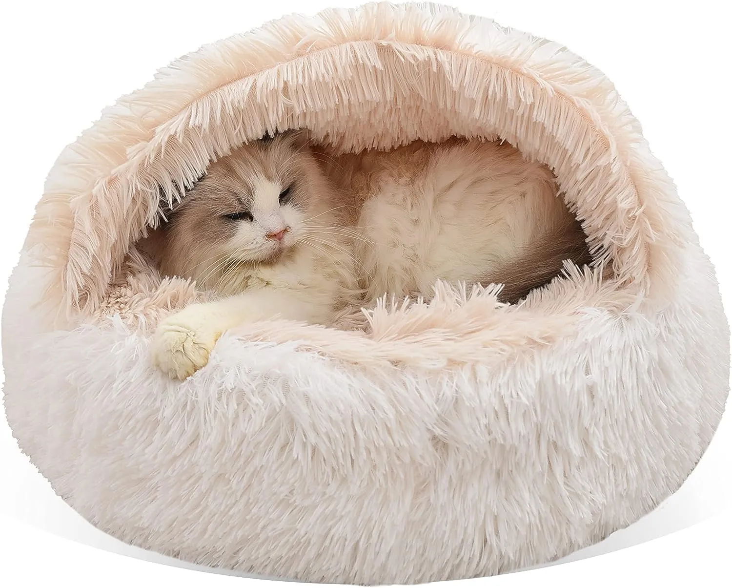 Cat Bed Round Fluffy Hooded Cave with Non-collapsed Plush Cover,Donut for Indoor Cats,Calming Dog Beds&Cat,Anti-Slip&Waterproof Bottom,Washable Bed,20inch,White