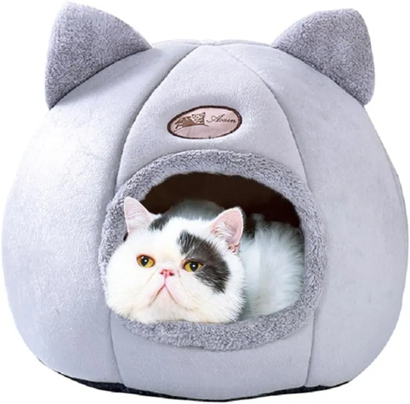 Cat Beds for Indoor Cats, Cozy Cat Cave Bed Cat House Cat Tent with Removable Cushion Pillow, Soft Warm Pet House Puppy Bed, Cute Pet Nest for Cat Kitten Small Dog (Gray, M-13x13x13 Inches)