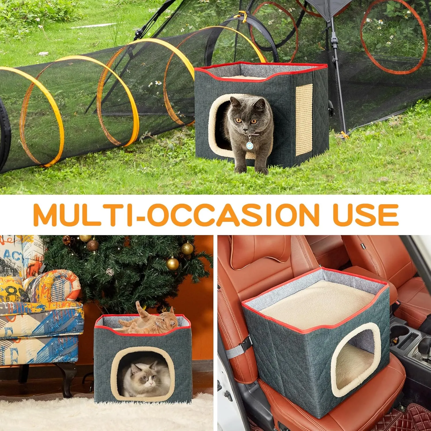 Cat Beds for Indoor Cats Cube House with Scratch Pad, Foldable Modern Cat Condo/Kitten Bed and Hideway Tent,Covered Cat Cave for Multi Small Pets, Grey