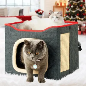 Cat Beds for Indoor Cats Cube House with Scratch Pad, Foldable Modern Cat Condo/Kitten Bed and Hideway Tent,Covered Cat Cave for Multi Small Pets, Grey
