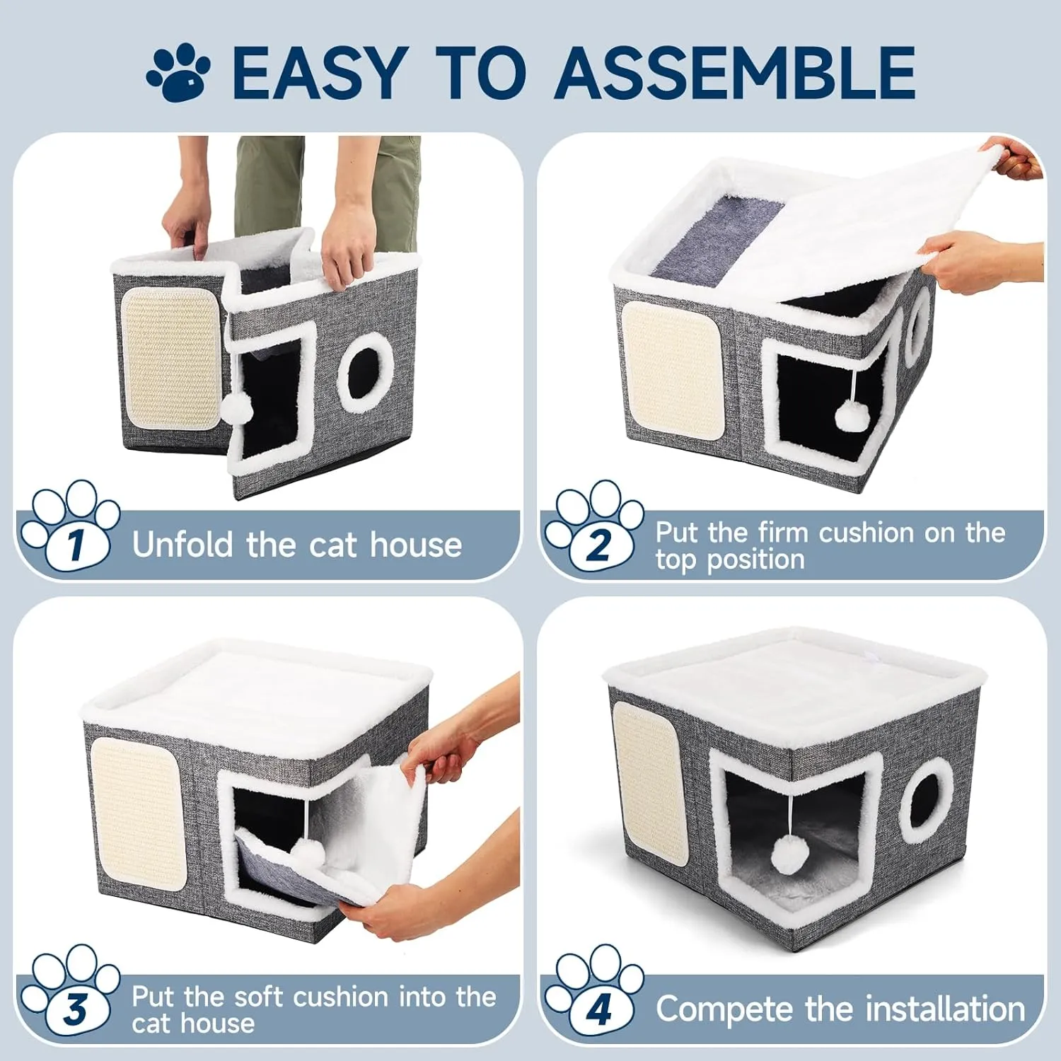 Cat Beds for Indoor Cats, Large Cat Cave with Cozy Condo, Fluffy Hanging Ball, Round Window, Foldable Indoor Cat House Hold Up to 30LBS, Cat Hideaway with Double-Sided Soft Cushions for All Seasons