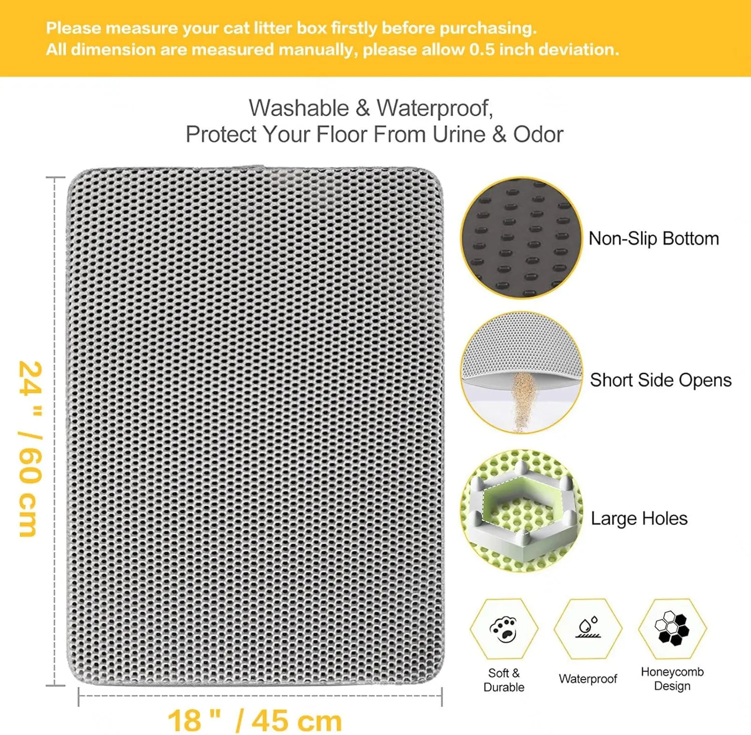 Cat Litter Mat Litter Trapping Mat, Honeycomb Double Layer Easy Clean Litter Mat Less Waste,Soft On Paws,Non-Slip, Cat Litter Trap Mat,Yellow-M